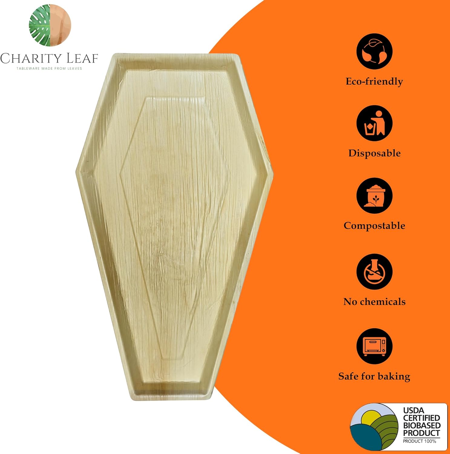 Charity Leaf Disposable Palm Leaf 22"x12" Coffin Trays (25 Pieces) Bamboo Like Serving Platters, Disposable Boards, Eco-Friendly Dinnerware for Christmas, Weddings, Catering, Events