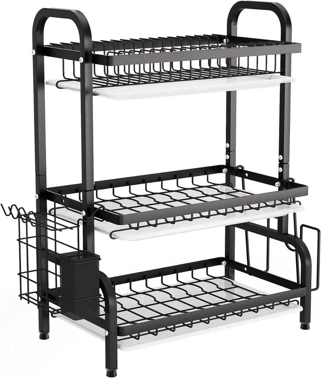 1Easylife Drying Rack, Metal 3-Tier Large Capacity Dish Rack with Utensil Holder, Cutting Board Holder, Drain Board Tray for Kitchen Counter Storage (Black)