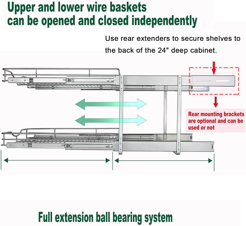 DINDON Pull Out Cabinet Organizer (14" W X 21" D), Cabinet Pull Out Shelves, 2 Tier Pull Out Drawers for Kitchen Cabinets, Wire Basket Slide Out Shelf for Cabinet Organization in Kitchen, Pantry