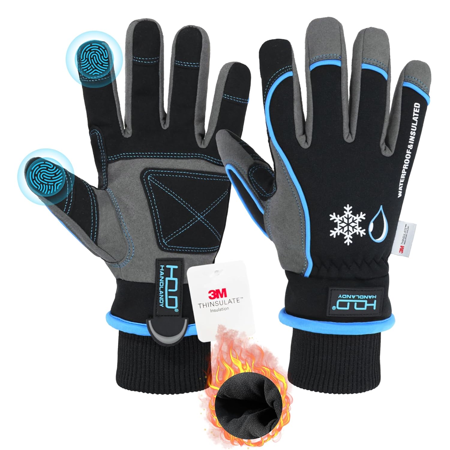 HANDLANDY Waterproof Insulated Work Gloves, 3M Thinsulate Thermal Winter Gloves for Men Women Touch Screen, Warm Ski Snowboard Cold Weather Gloves (Medium, Blue)