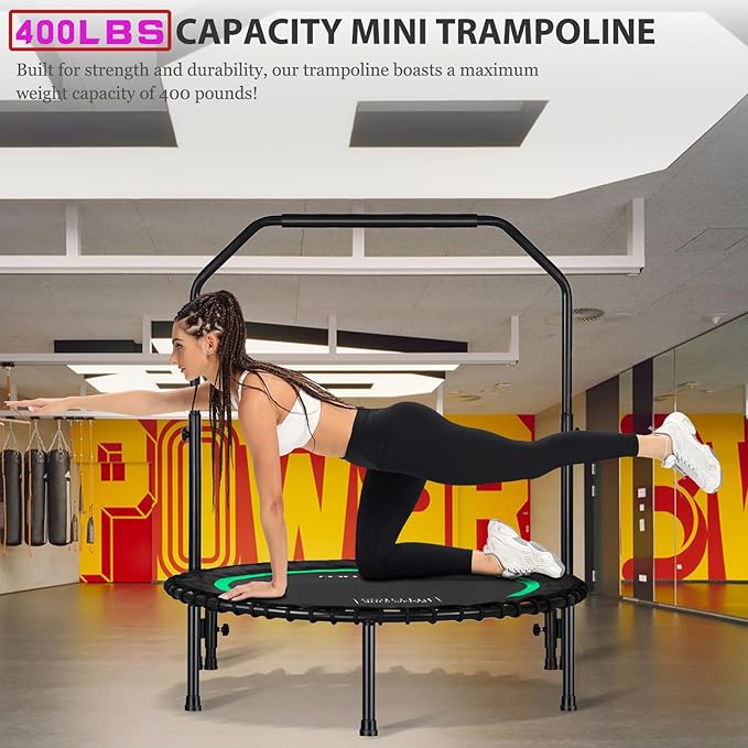 DARCHEN 400LBS Rebounder Trampoline for Adults, Indoor Mini Trampoline Silent Fitness Trampoline Small Bungee Rebounder Jumping Cardio Trainer Workout Exercise Workout with Handrail Bar [40 Inch]