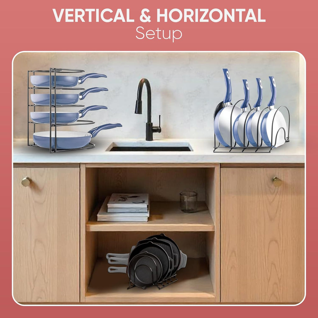 Heavy-Duty Pots and Pans Organizer | 5-Tier Cookware & Lid Storage Rack | Free-Standing or Wall-Mount | Kitchen Organizer for Cast Iron Skillets, Pots, Frying Pans, Lids | Black