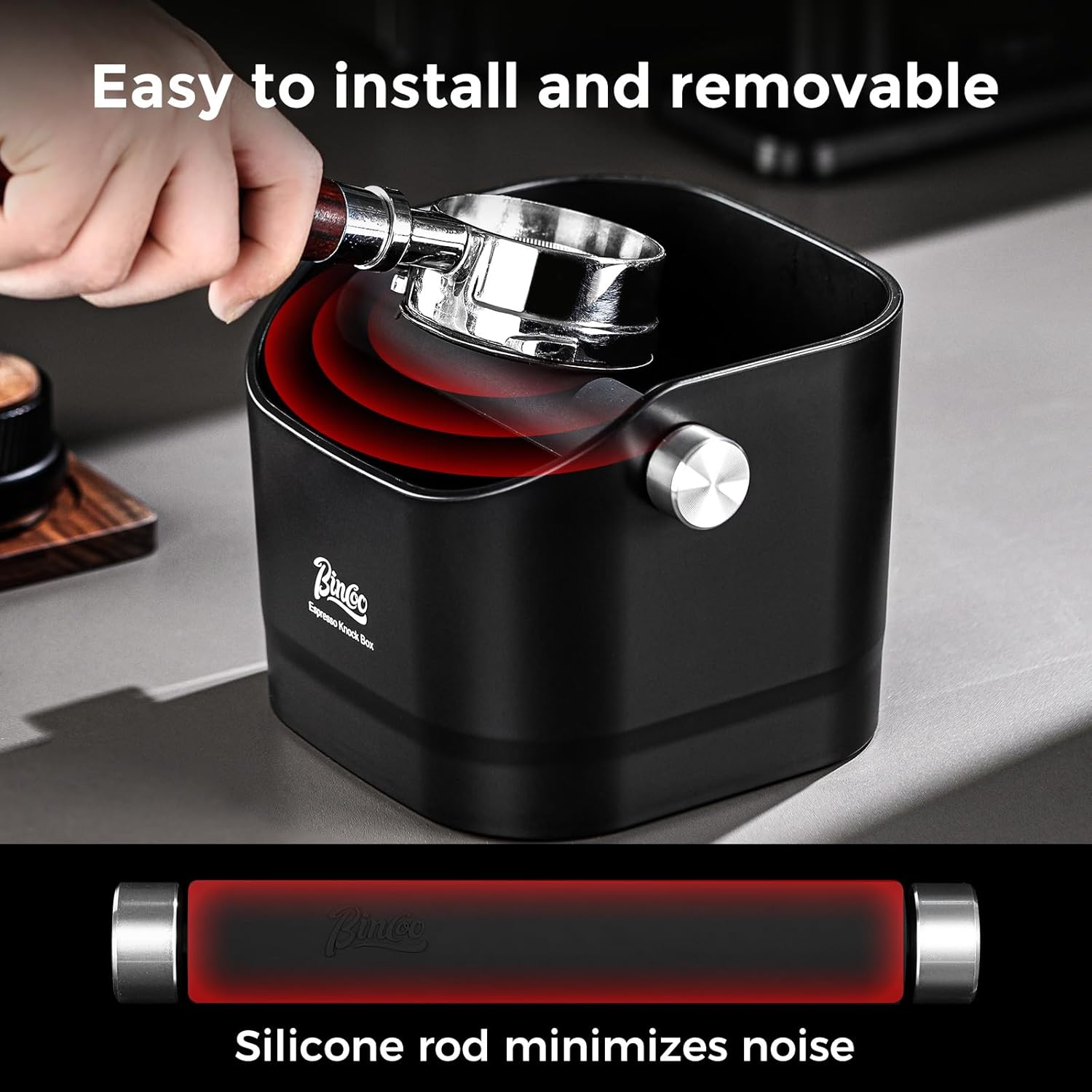 Bincoo Square Coffee Knock Box 0.8L – ABS Espresso Knock Bin with Non-Slip Base, Wide 4.6" Slanted Opening & Detachable Silicone Knock Bar for Easy Cleaning and Quiet Use(White(square))