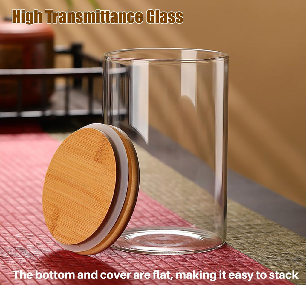 33 oz Glass Food Storage Jars with Airtight Lids, Clear Glass Jar with Bamboo Lid, Airtight Food Canister for Tea, Candy, Coffee, Sugar, Cookie, Snack. (Round | 5+6 Inch)