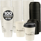 Smygoods Disposable Coffee Cups with Lids, To Go Paper Hot Cups, Rise and Shine Design (12 OZ, 100 Count) For Hot Beverages, Coffee, Tea, Espresso, Cocoa - Vasos Para Cafe