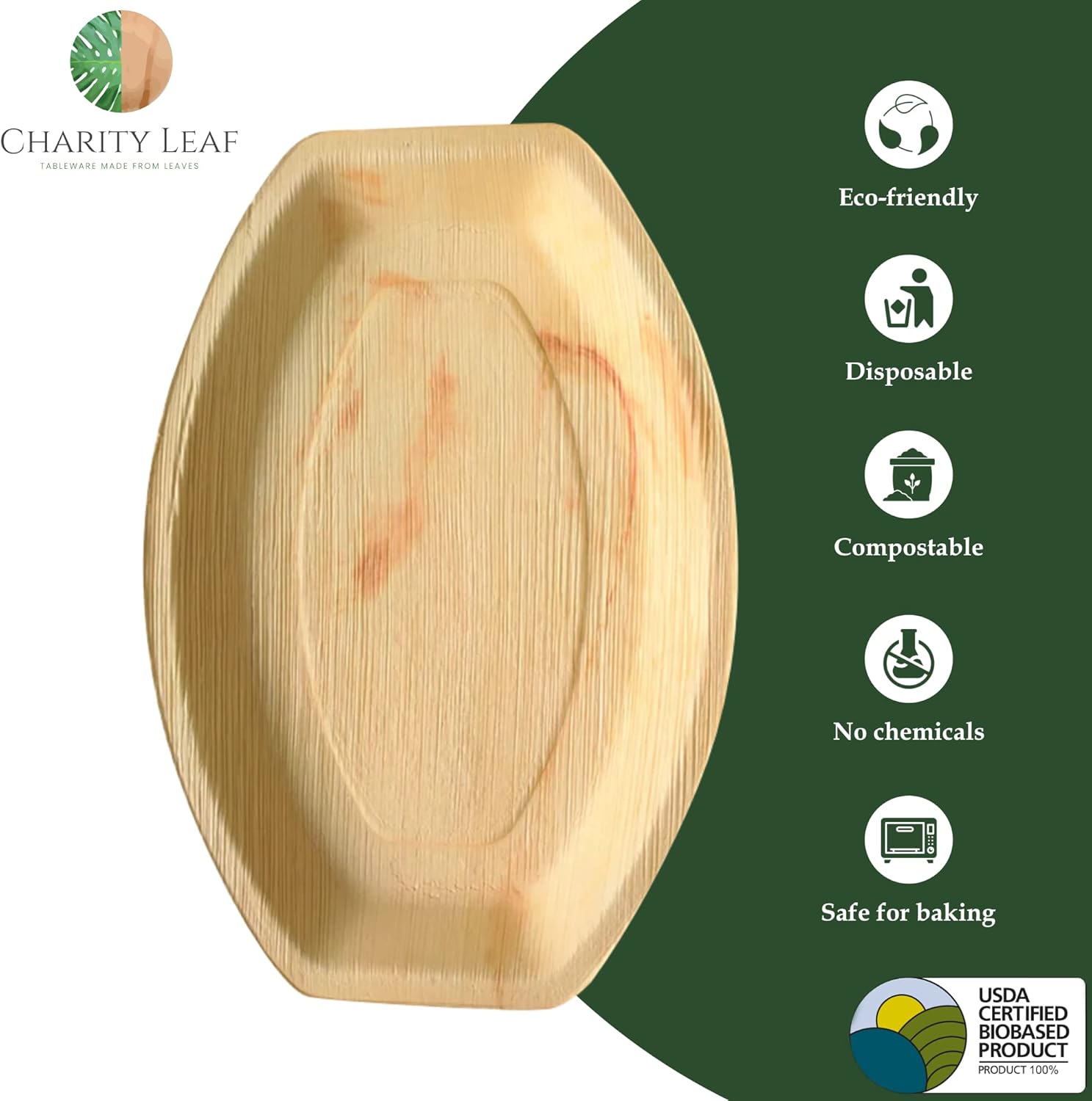 Charity Leaf Disposable Palm Leaf 13" x 9" Trays (25 pieces) Bamboo Like Serving Platters, Disposable Boards, Eco-Friendly Dinnerware For Weddings, Catering, Events