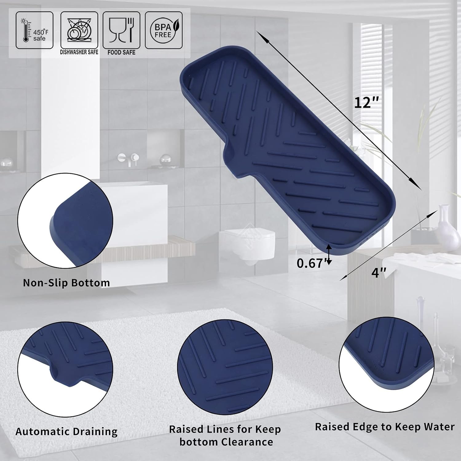 Silicone Bathroom Soap Dishes with Drain Spout-Kitchen Sink Organizer,Sponge Holder,Dish Soap Tray,Perfect for Dispenser,Scrubber,Bottle,Cup on Sink or Counter-Navy Blue 12"×4"