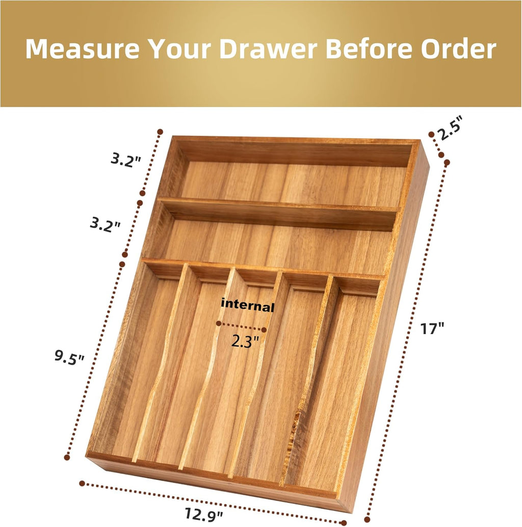 Silverware Organizer Kitchen Drawer Organizer Utensil Organizer Acacia Silverware Holder Cutlery Organizer in Drawer Flatware Organizer Tray(7 slots, Acacia
