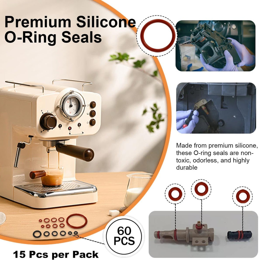 60Pcs Coffee Machine O Loop Seal Kit, Silicone O-Ring Seal Replacement Parts, Watertight O Ring Seal Washer Gaskets for Espresso Machine Different Sizes