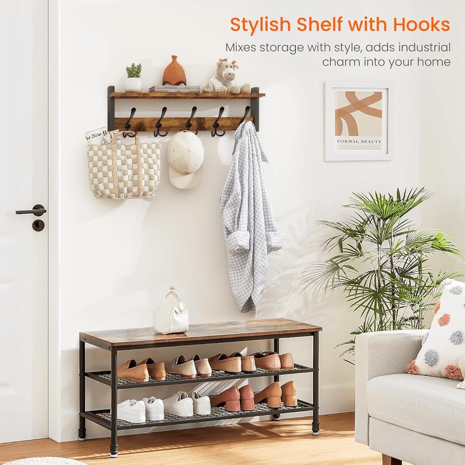 Homode Rustic Brown Wall Mount Coat Rack with Shelf and 5 Tri Hooks, Wood Coat Hangers for Hanging Hat, Towel, Purse, Jacket