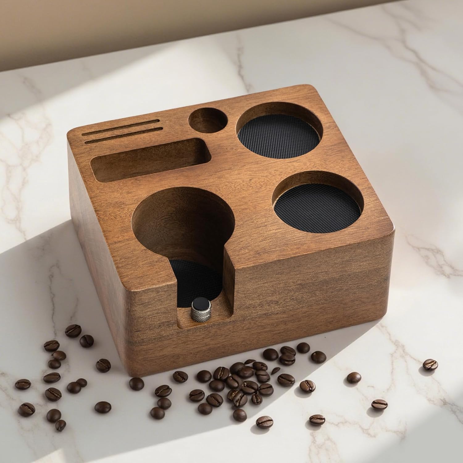Espresso Tamping Station 54mm, Walnut Portafilter Holder, Espresso Organizer Station, Espresso Machine Accessories, Distributor Slot and Multi Accessory Storage