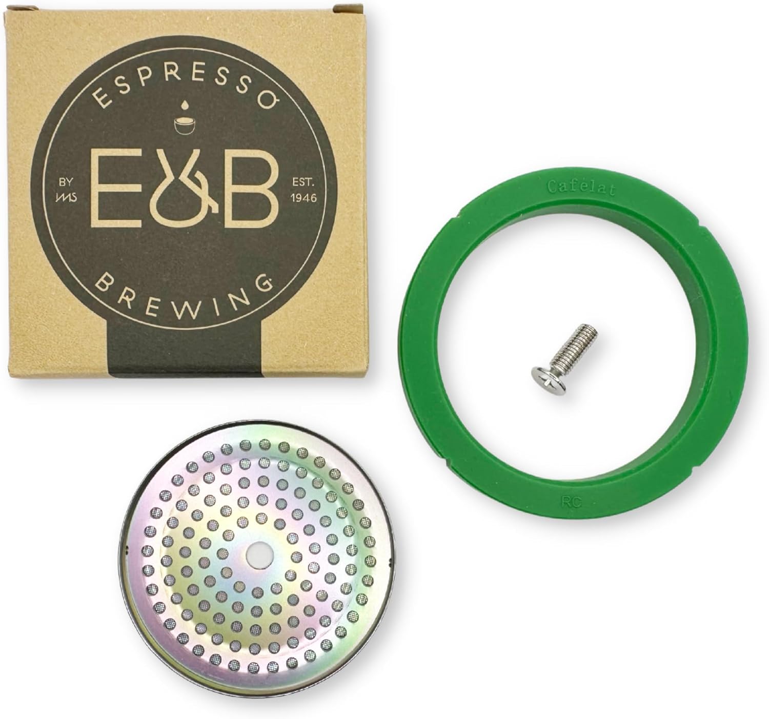 Custom Tune Up Kit 3in1 for Rancilio Silvia. IMS Nanotech Reinforced Screen SRT200NT, Cafelat Gasket - Green, Flat Screw