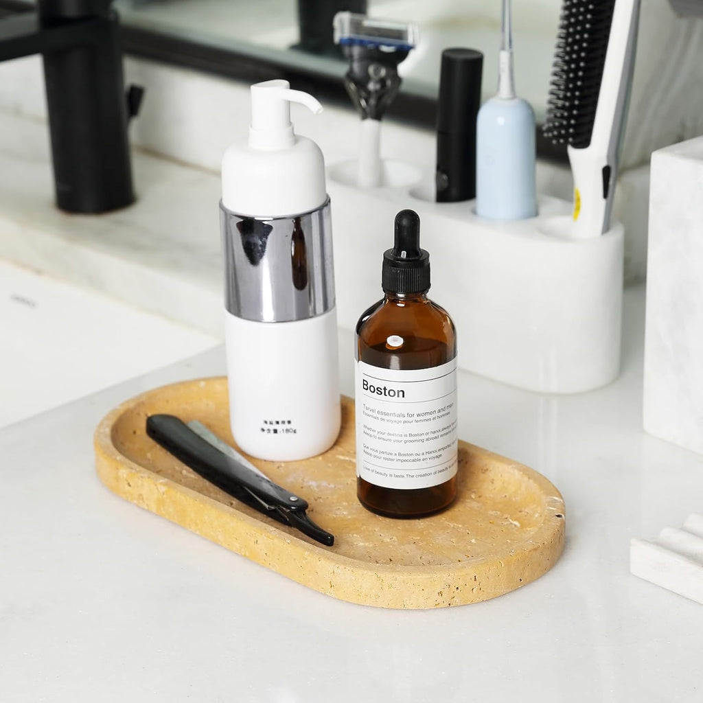 Koville Natural Travertine Tray for Bathroom Vanity, Noble Golden Yellow Bathroom Marble Trays for Countertop Organizer, Decorative Home Décor Catchall Tray for Perfume, Candles, Jewelry Dish Trays