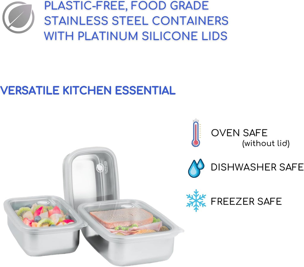 Stainless Steel Food Storage Containers with Clear Platinum Silicone Lids, Airtight, Leakproof 18/8 (304) Food Grade SS Nested 3Pk 20/30/40 oz Plastic-Free