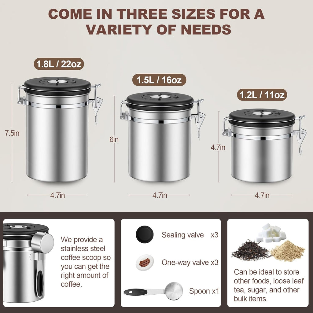 ShanSon Coffee Canister Airtight Coffee Container Stainless Steel Coffee Bean Storage Container with Scoop Coffee Canister for Beans Grounds Sugar Flour Tea Cereal,11OZ,Silver