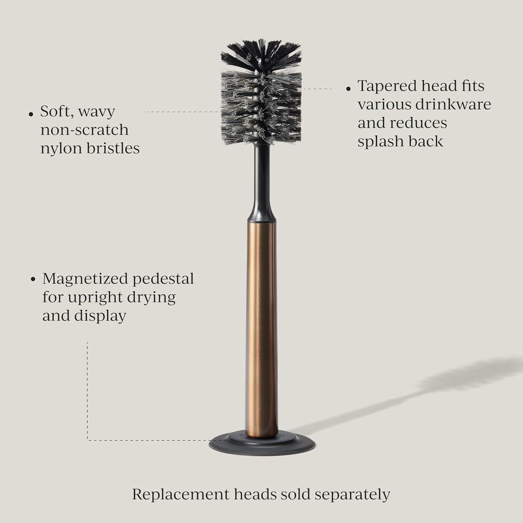Ionic Bottle Brush, Magnetized to Stand Upright, Stainless Steel with Replaceable Head, Bronze