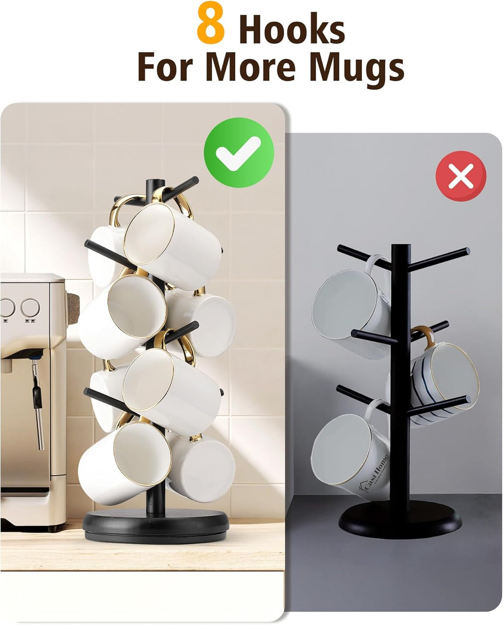 Lorbro Coffee Mug Tree, 360° Rotated Mug Holder with 8 Hooks, Wooden Coffee Cup Holder Rack Stand Accessories for Countertop Kitchen Decor Organizer