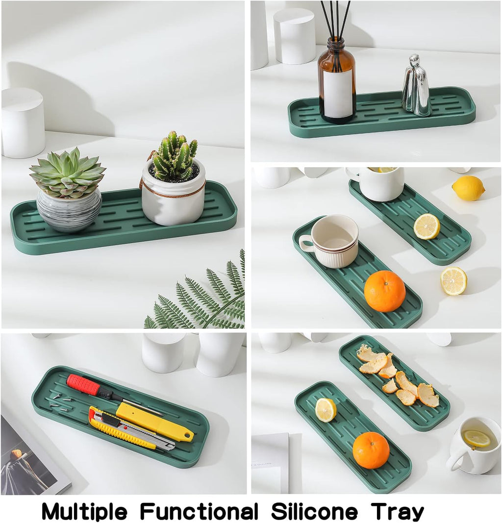 Silicone Kitchen Sink Organizer Tray for Multiple Usage,Eco-Friendly Sponges Holder for Kitchen Bathroom Counter or Sink,Dish Soap Dispenser,Scrubber,Bottle,Cup (Green, 12"×4")