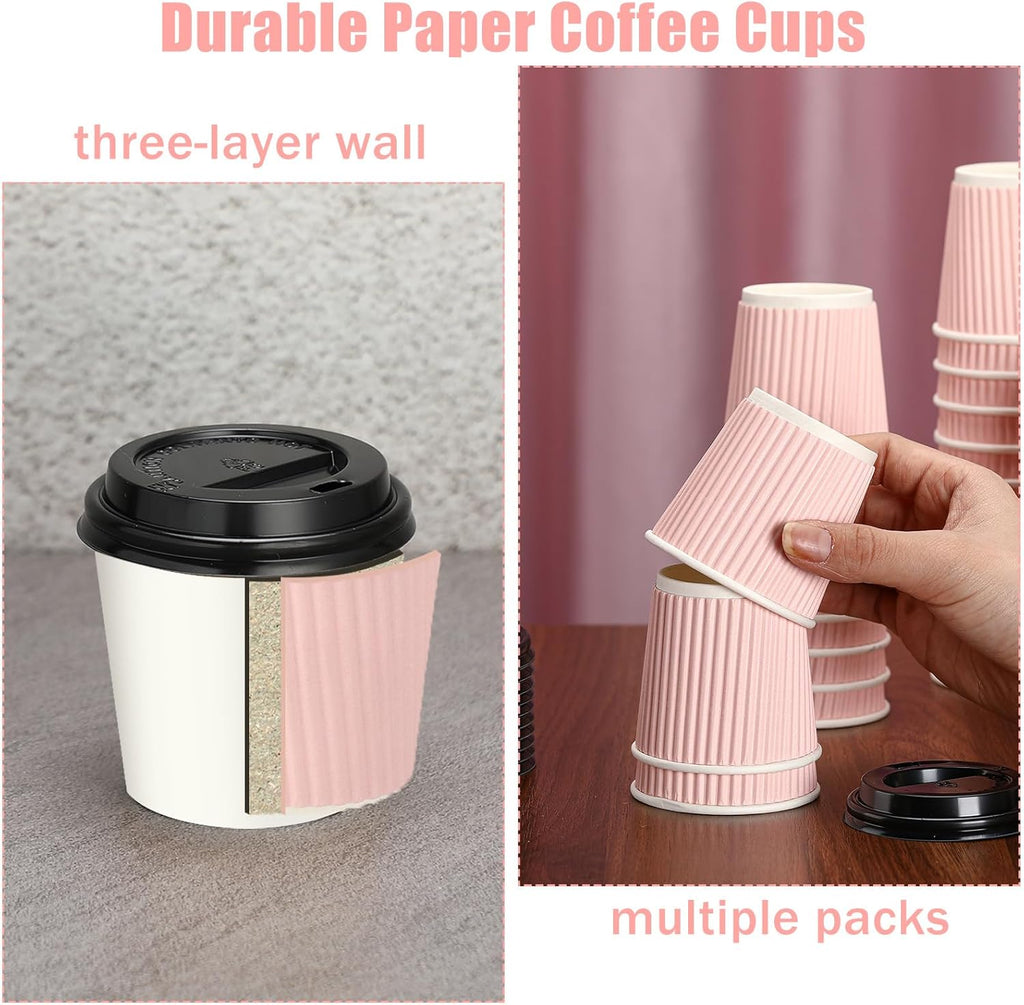 Uiifan 100 Set 4oz Disposable Espresso Cups with Lids Ripple Corrugated Paper Disposable Coffee Insulated Hot Ripple Cups for hot Chocolate, Tea, and Cocoa Drinks(Pink)
