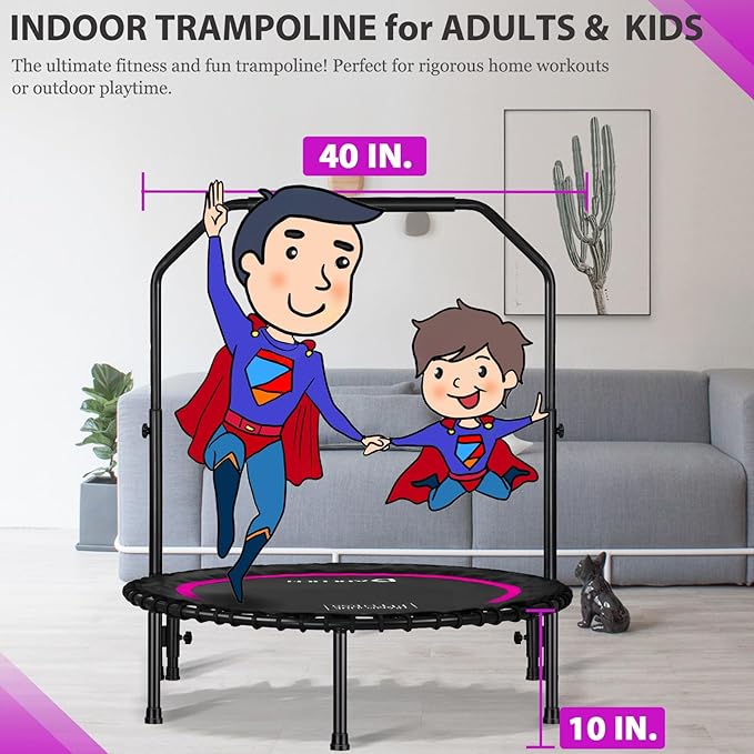 DARCHEN 400LBS Rebounder Trampoline for Adults, Indoor Mini Trampoline Silent Fitness Trampoline Small Bungee Rebounder Jumping Cardio Trainer Workout Exercise Workout with Handrail Bar [40 Inch]