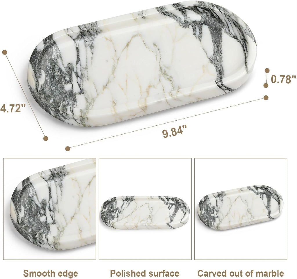 Natural Marble Vanity Tray - Moujings Genuine Marble Perfume Tray for Bathroom Decor, Stone Bathroom Vanity Organizer Tray for Kitchen Counter, Candles, Jewelry, Coffee, Makeup, Key