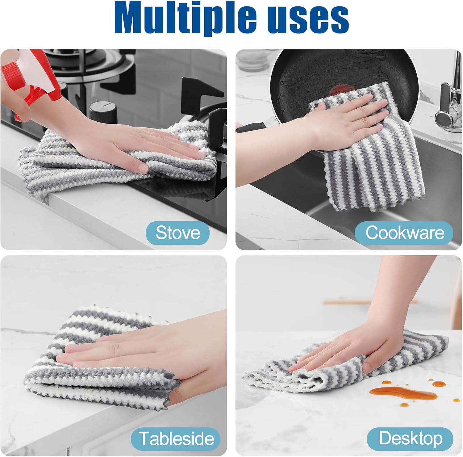 Homaxy Kitchen Towels(12 Pack, 10 x 20 inches), Ultra Soft and Absorbent Dish Towels, Reusable Fast Drying Microfiber Cleaning Cloth, Coral Velvet Wave Design No-lint, Grey