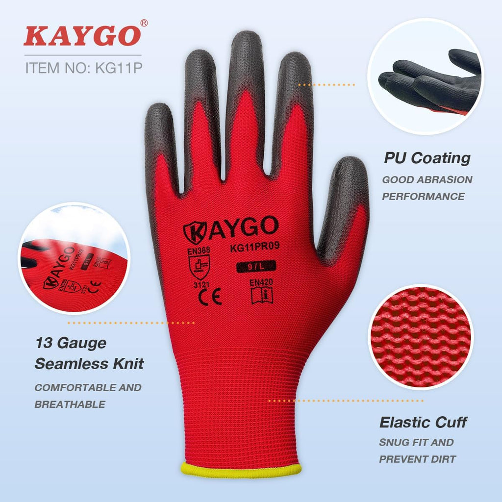 KAYGO Safety Work Gloves PU Coated for women, 12 Pairs Seamless Knit Glove with Polyurethane Coated Smooth Grip on Palm and Fingers, Ideal for General Duty Work, KG11P (Small, Red)