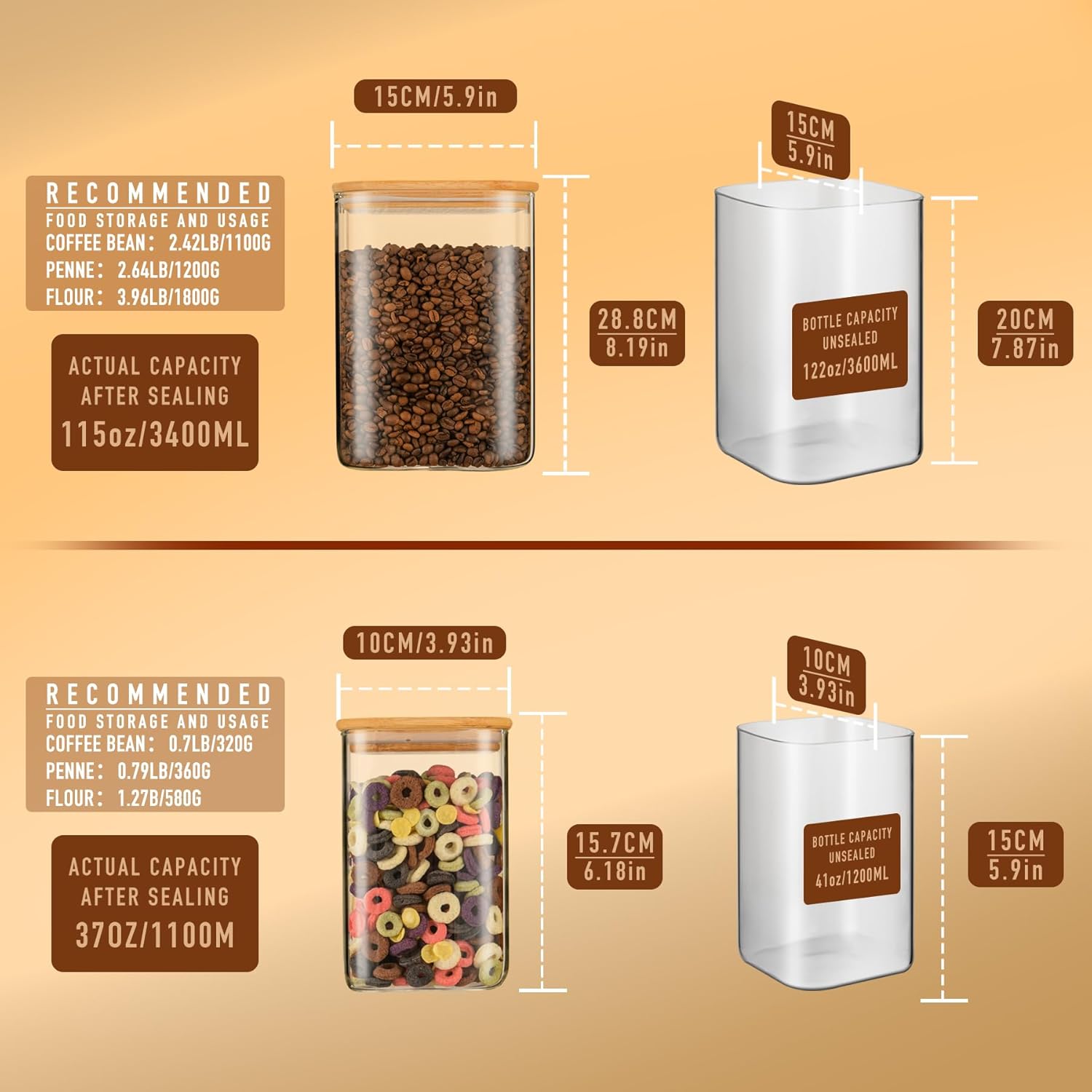 122oz 41oz Airtight Glass Square Storage Canister with Bamboo Lid Set of 2(3600ml*1 1200ml*1) Large Storage Container Gallon Glass Jars, for Sugar, Flour, and Coffee bean (with Black Lable)