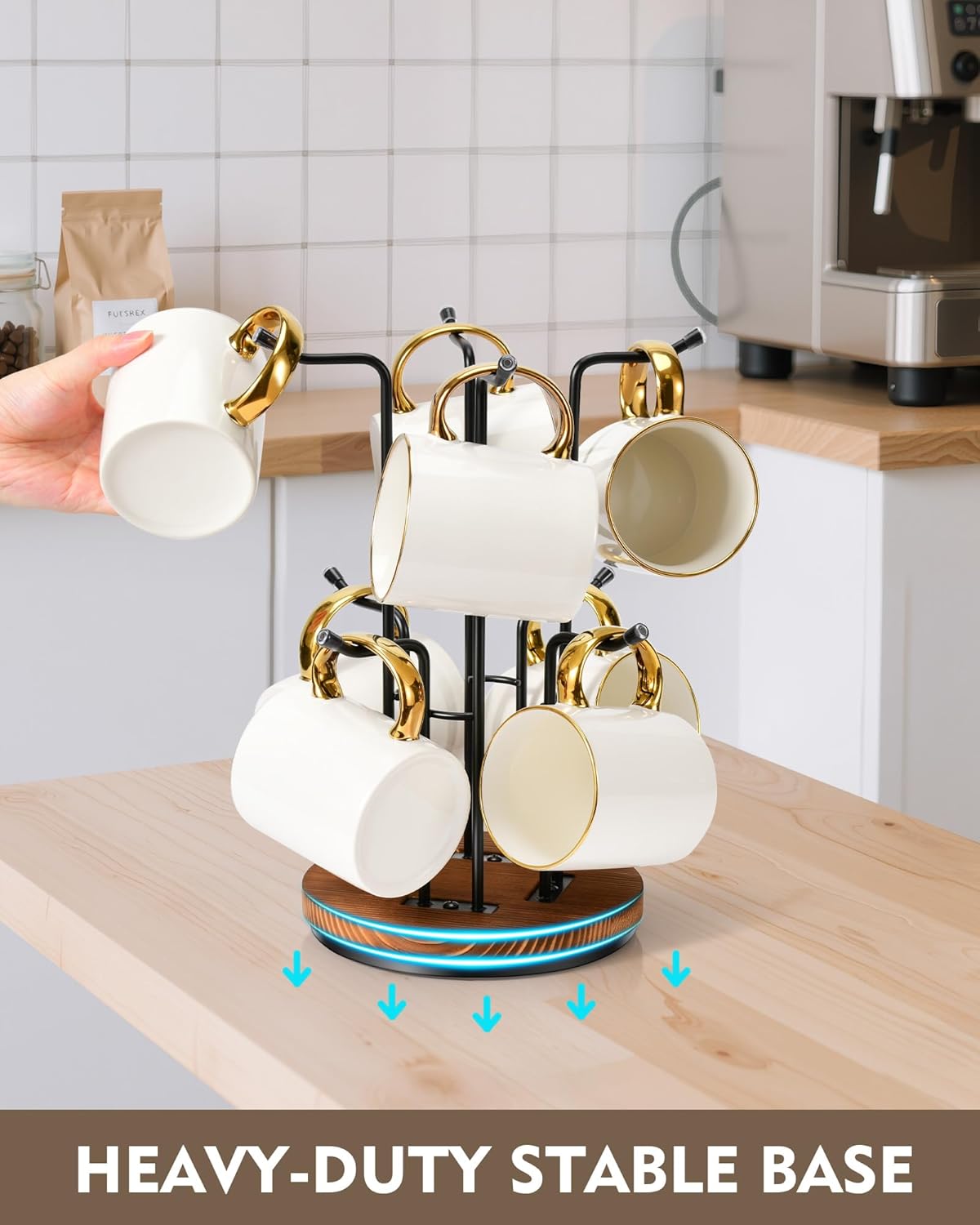 HULISEN 360° Rotating Mug Tree for Large Cups, Counter Coffee Mug Holder with 8 Hooks, Metal Coffee Cup Rack Stand for Countertop with Stable Wooden Base, Kitchen Counter Decor