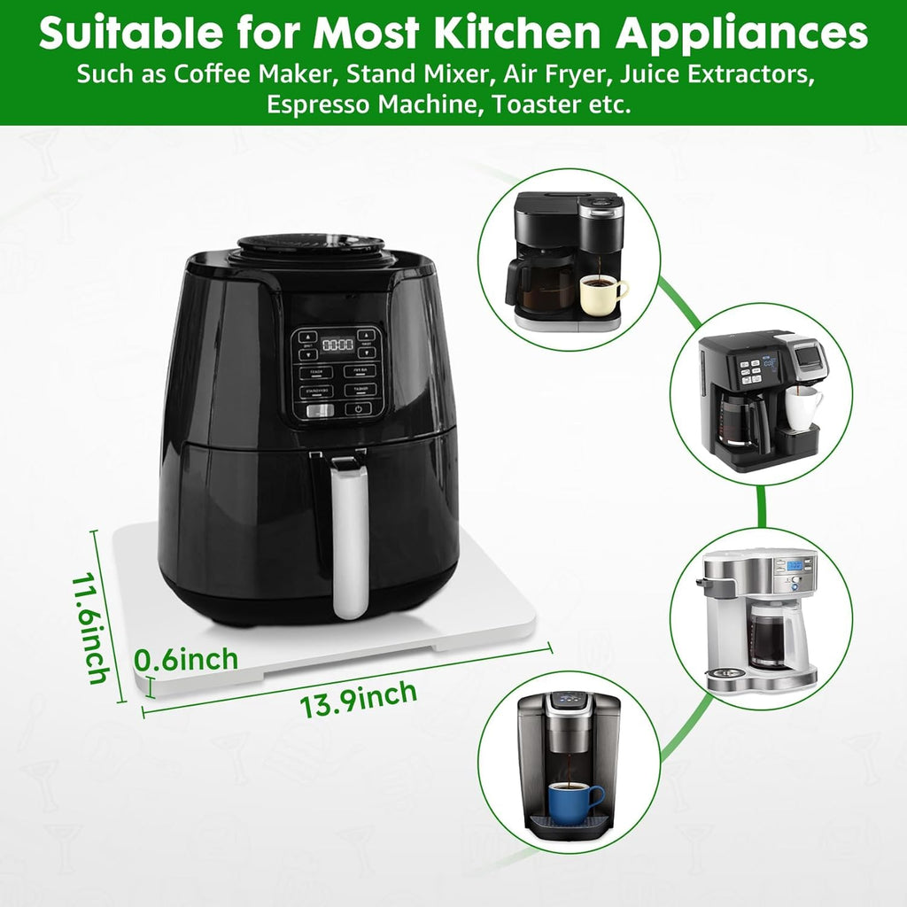 Appliance Slider 360° Rolling Tray for Coffee Maker- Bamboo Coffee Pot Slider Tray Countertop Rotation Sliding Tray with Wheels, Small Appliances Mat Easily from Under The Cabinet White(13.9"×11.6")