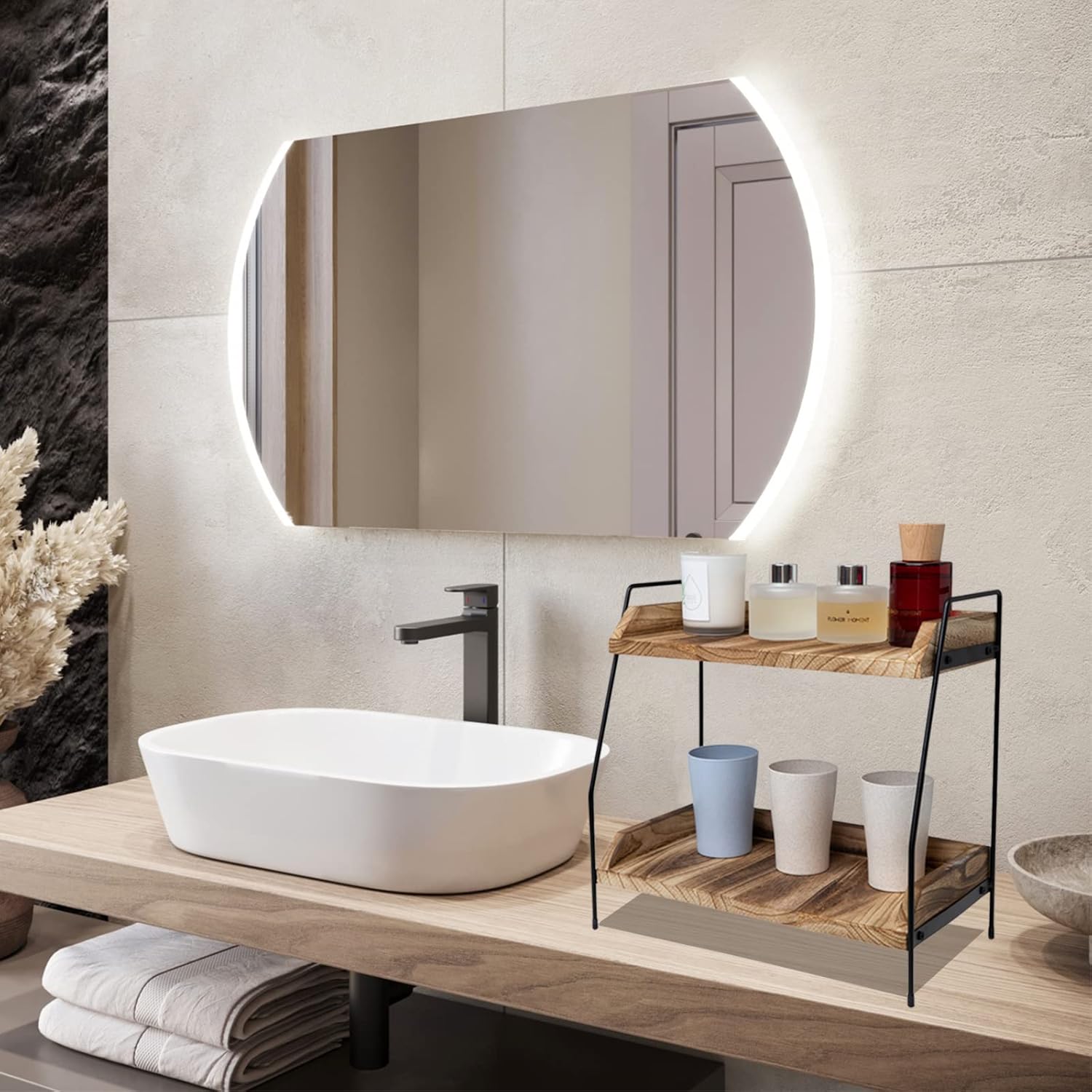 Coffee Bar Accessories and Organizer, Coffee Station Organizer 2 Tier Bathroom Counter Organizer, Wood Coffee Tray, Bathroom Vanity Organizer, Countertop Shelf for Kitchen, Coffee Lover