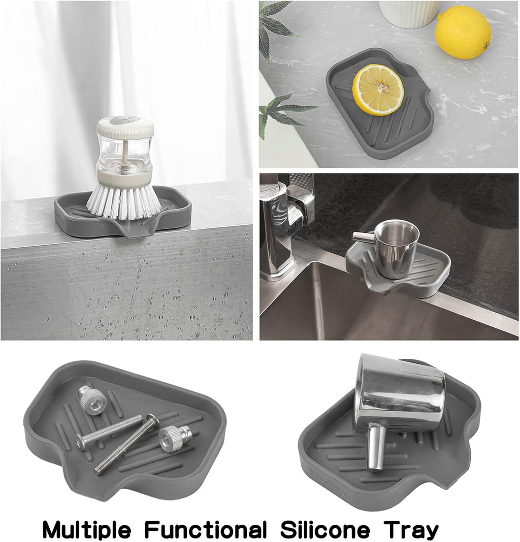 Silicone Bathroom Soap Dishes with Drain Spout-Bathroom and Kitchen Sink Organizer,Sponge Holder,Dish Soap Tray,Perfect for Dispenser,Scrubber,Bottle,Cup on Sink or Counter-Grey 4.9"×3.2"
