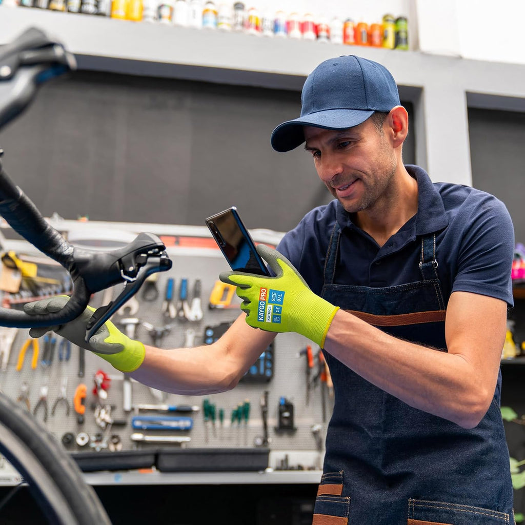 KAYGO Safety Work Gloves PU Coated for Men and Women- KG11P,12 Pairs,Seamless Knit Glove with Two Fingers Touchscreen,Ideal for General Duty Work (Green,XL)