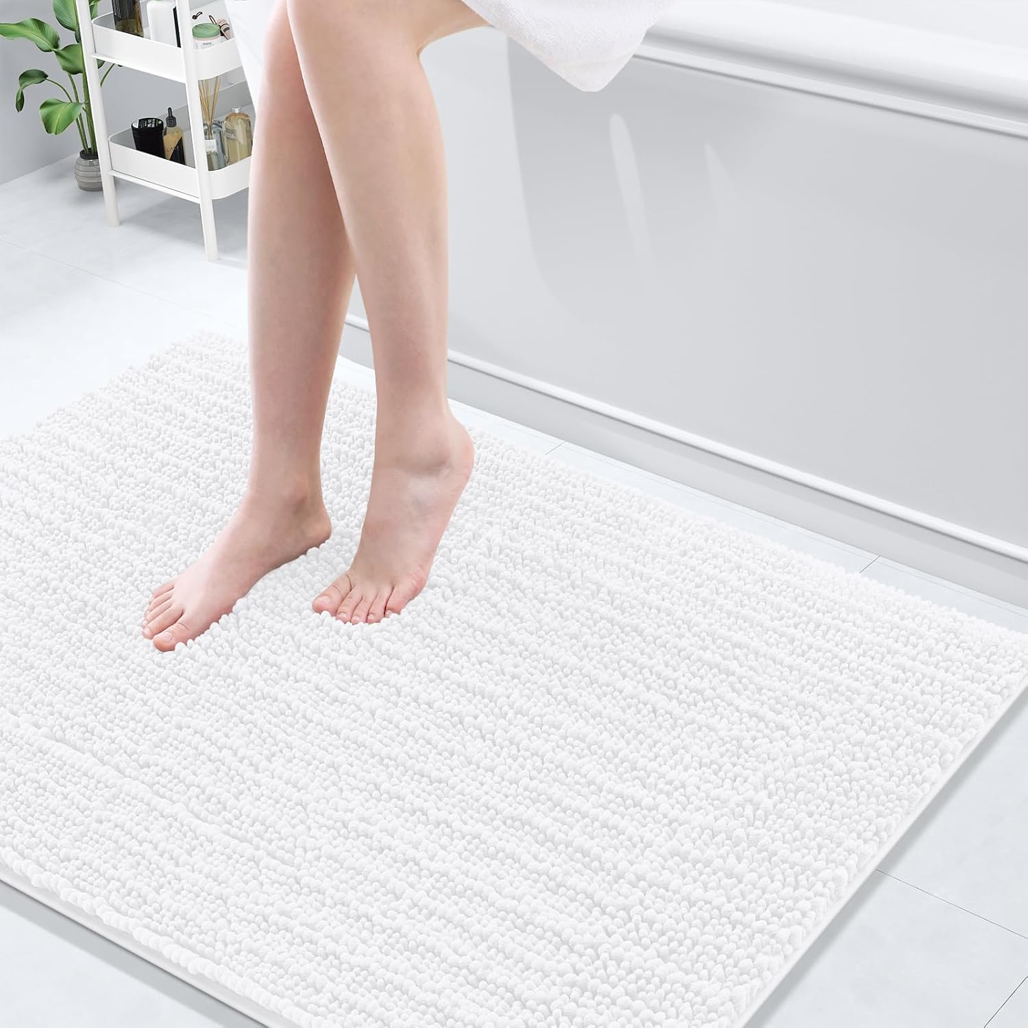 Arotive Luxury Chenille Bathroom Rug Mat, Extra Soft Thick Absorbent Shaggy Bath Rugs, Non-Slip Machine Wash Dry, Plush Bath Mats for Bathroom, Shower and Tub, 44x32, White