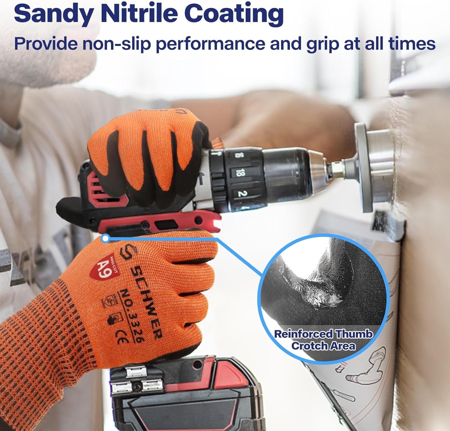 Schwer ProGuard Highest Level Cut Resistant Work Gloves PR3326 for Extreme Protection，ANSI A9 Cut Gloves with Reinforced Thumb, Non Slip, Breathable, Durable, Touch-screen, NON PFAS, Orange 1 Pair XL