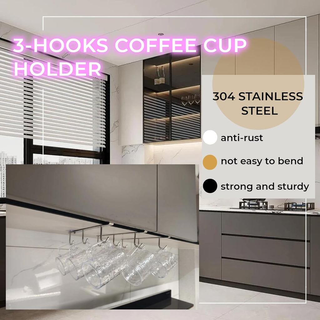 Mug Hooks Under Cabinet , 304 Stainless Steel Cup Hooks for Hanging Under Shelf, Mug Organizer Rack with 9 Hooks for Displaying Mugs, Coffee Cups and Kitchen Utensils,Fit for 0.8" or Less thickness