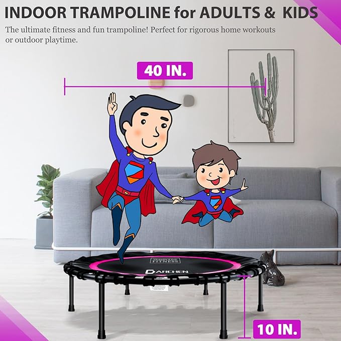 DARCHEN 400LBS Rebounder Trampoline for Adults, Indoor Mini Trampoline Silent Fitness Trampoline Small Bungee Rebounder Jumping Cardio Trainer Workout Exercise Workout with Handrail Bar [40 Inch]