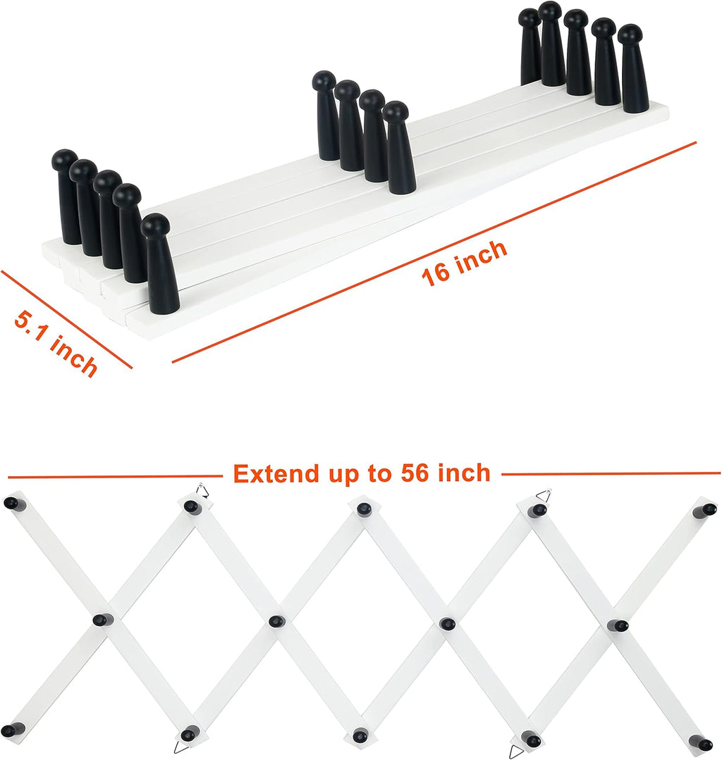 Dseap Accordian Wall Hanger: 16” High Wooden Wall Expandable Coat Rack, Hat Rack Holder, Accordion Hook for Baseball Caps, Coats, Mugs, 14 Peg Hooks, White & Black