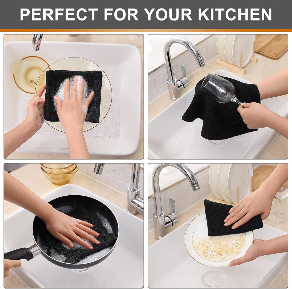Kitinjoy 100% Cotton Kitchen Dish Cloths, 8 Pack Waffle Weave Ultra Soft Absorbent Dish Towels for Drying Dishes Quick Drying Kitchen Towels Dish Rags, 12 X 12Inch, Black