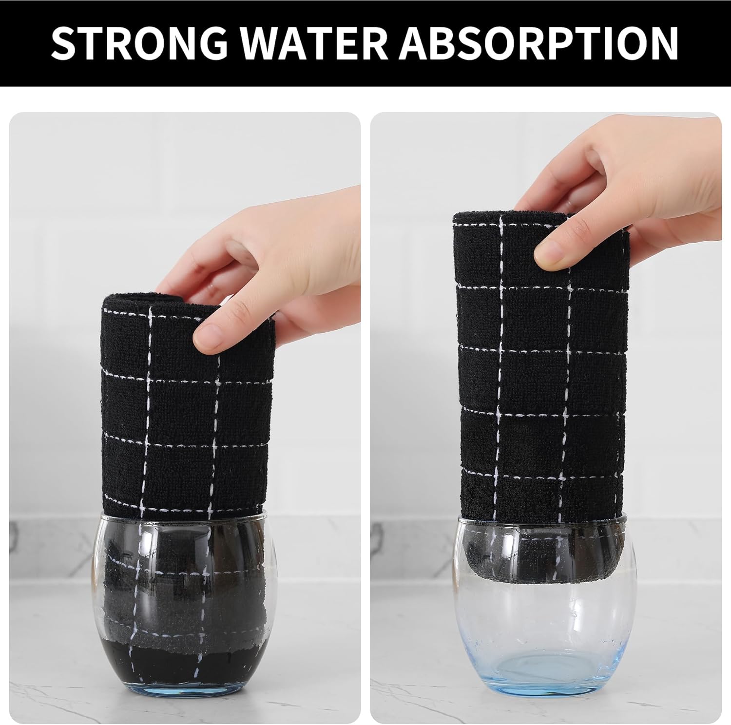 Homaxy 100% Cotton Terry Kitchen Towels(Black, 20 x 28 inches), Checkered Designed, Soft and Super Absorbent Dish Towels, Large 4 Pack