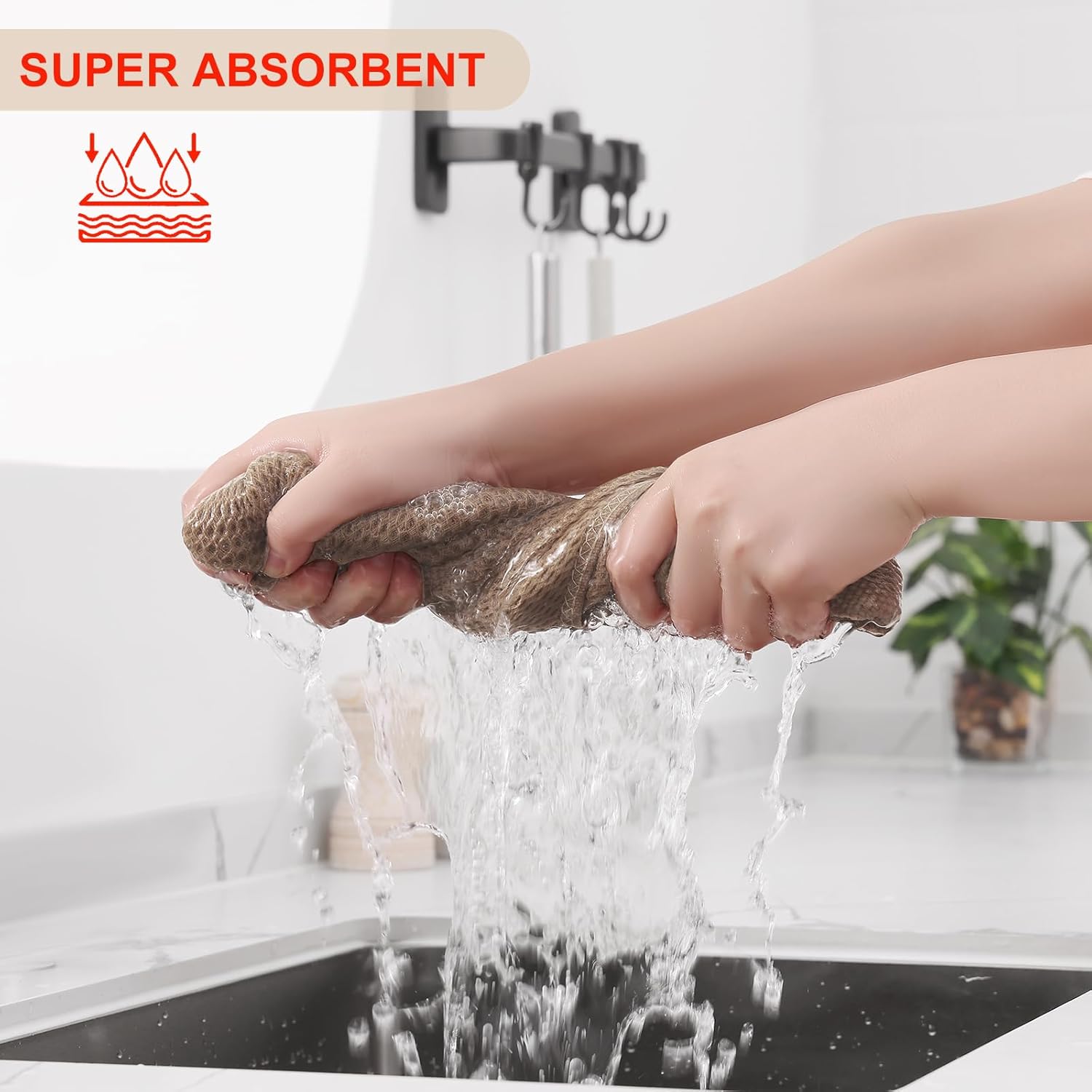 Kitinjoy 100% Cotton Waffle Weave Kitchen Towels, 6-Pack Super Soft and Absorbent Dish Towels for Drying Dishes, Kitchen Hand Towels, 13 in x 28 in, Tan