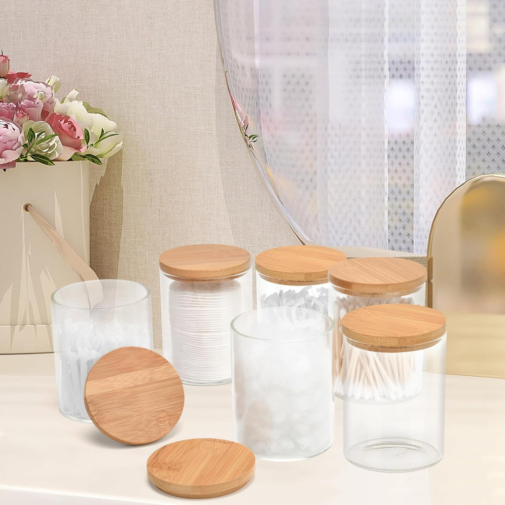 6 Pack Glass Qtip Holder Dispenser Set - Apothecary Jars with Lids for Vanity Makeup Organizer - Bathroom Canister Storage Organizer for Cotton Ball, Cotton Swab, Cotton Round Pads,Floss