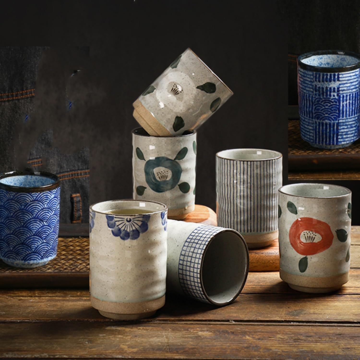 Stoneware Coffee Bar Utensil Holder Tea & Coffee Spoon & Stirrer Holder for Stir Stick Straw Teaspoon Holder Spoon Cup Small Utensil Jar (Blue Stripes)