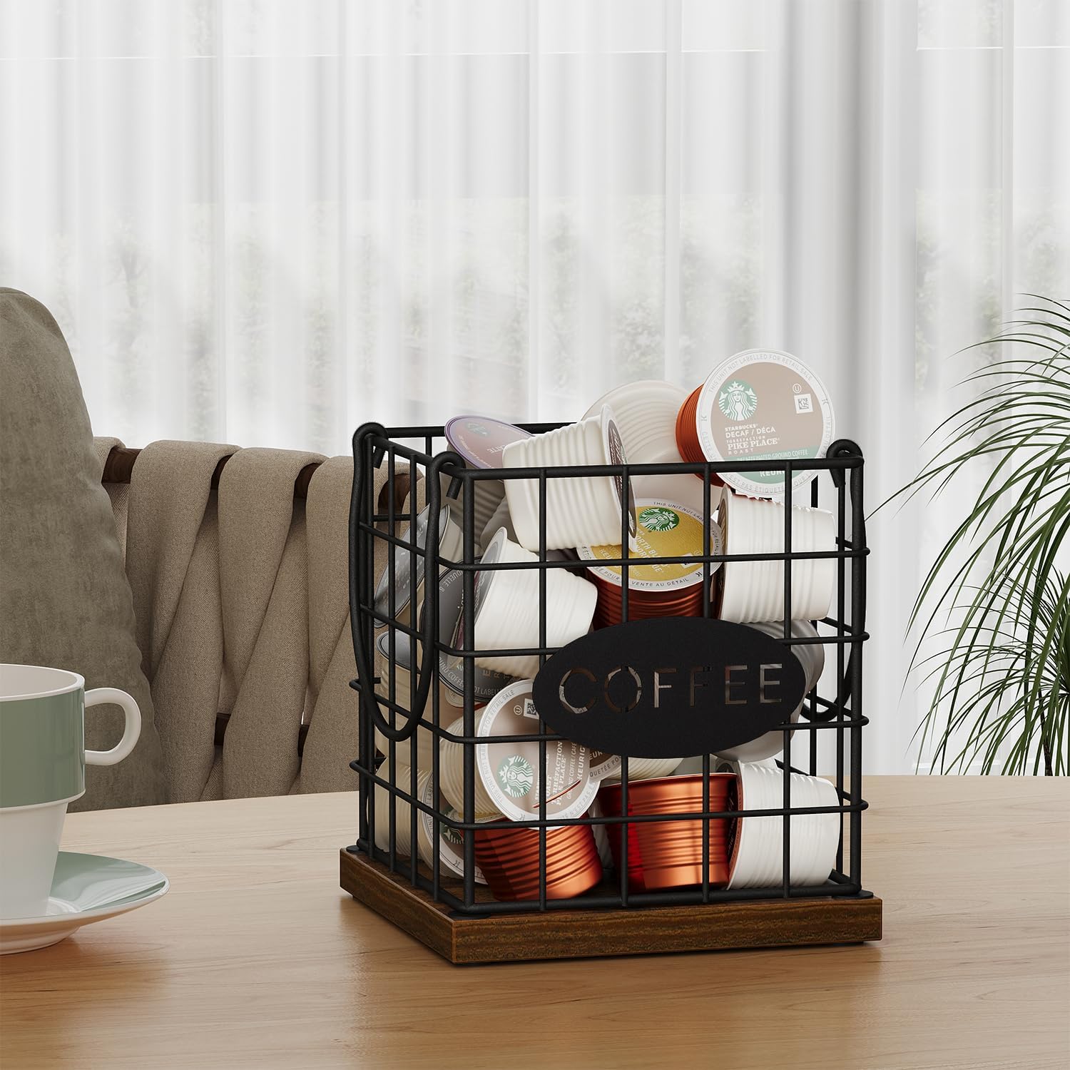 YINMIT K Cup Holder Organizer, Rustic Coffee Pod Holder Organizer, 35 Kcup Holder for Counter with Handle，Large Capacity Black Wire Coffee Capsule Basket for Kitchen Office Desktop (Square Grid)