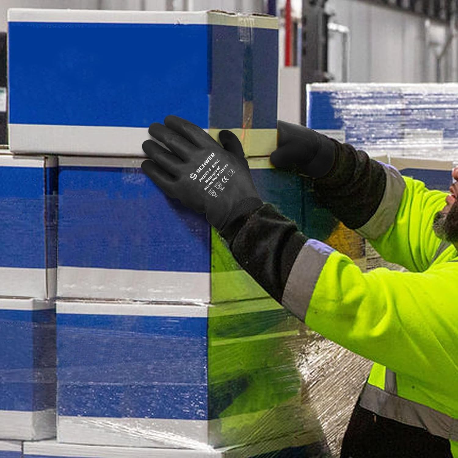 Schwer 2 Pairs FreezeGuard Winter Work Gloves, ANSI A2 Cut Resistant Freezer Gloves for Outdoor Cold Weather Keep Hands Warm, Waterproof Gloves for Shoveling Snow, Ice Fishing, XL