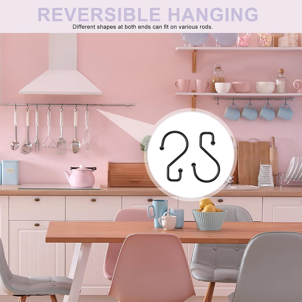 S Hooks, Small Metal S Hanging Hooks with 2 Shapes, Reversible, Heavy Duty, 3 Inch, Black, 12 Pcs