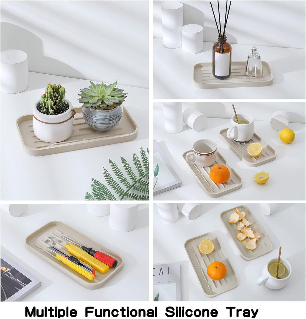 Silicone Kitchen Sink Organizer Tray for Multiple Usage,Eco-Friendly Sponges Holder for Kitchen Bathroom Counter or Sink,Dish Soap Dispenser,Scrubber,Bottle,Cup (Tapioca, 10"×5.3")