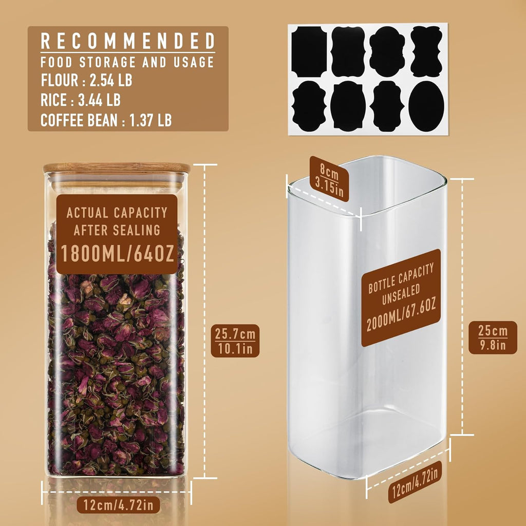 64oz Rectangle Airtight Glass Storage Containers with Bamboo Lids (Set of 4), Square Food Storage Jar, Pantry Organizers for Cereal, Flour, Pasta and Coffee beans (‎with Black Lable)