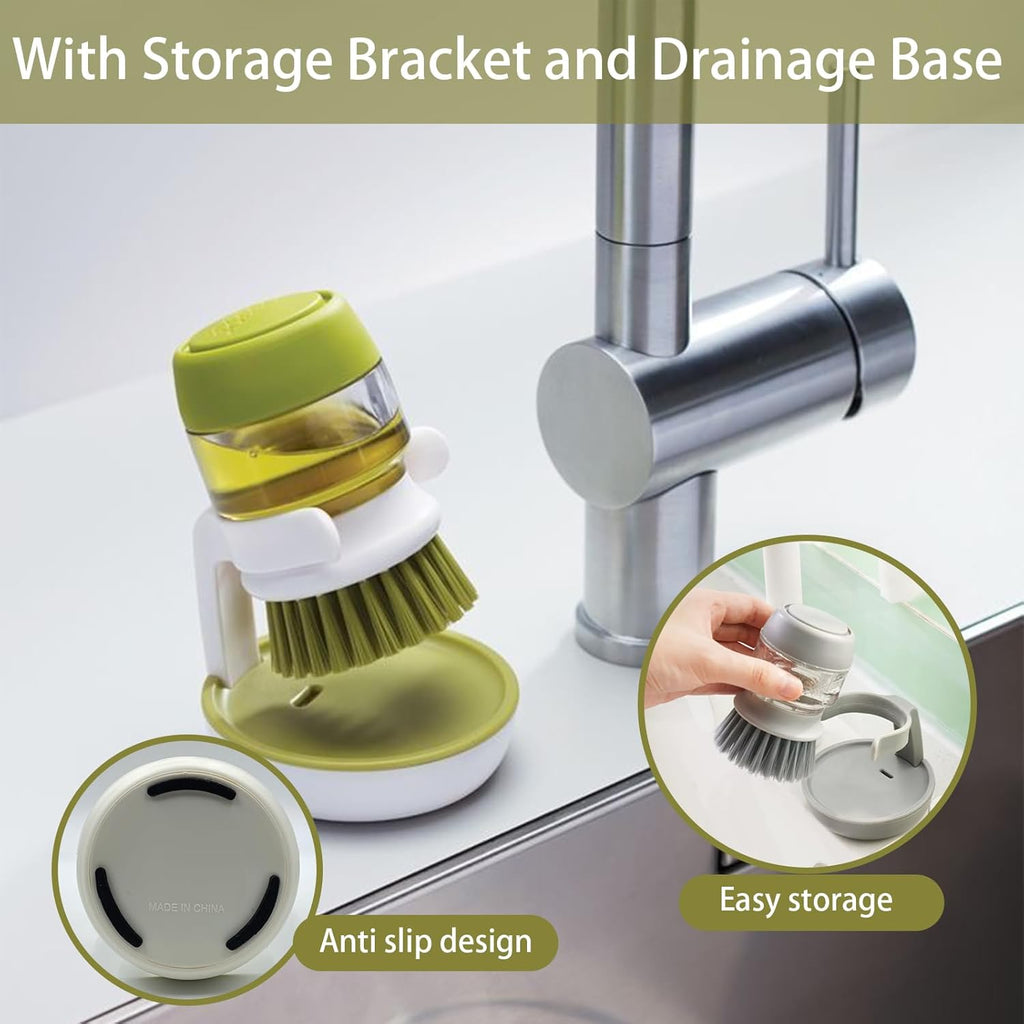 Soap Dispenser Dish Brush Palm Brush Scrub Brush Equipped with Storage Bracket and Drainage Base,Easy to Clean Kitchen Utensils and Sink, Includes a Replaceable Brush（Green）
