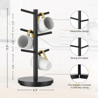 Wisuce Coffee Mug Holder Tree Upgraded 360Rotated Cup Holder for Counter Black Wood Cup Tree Mug Rack Organizer Stand with 6 Hooks for Kitchen Coffee Bar Accessories